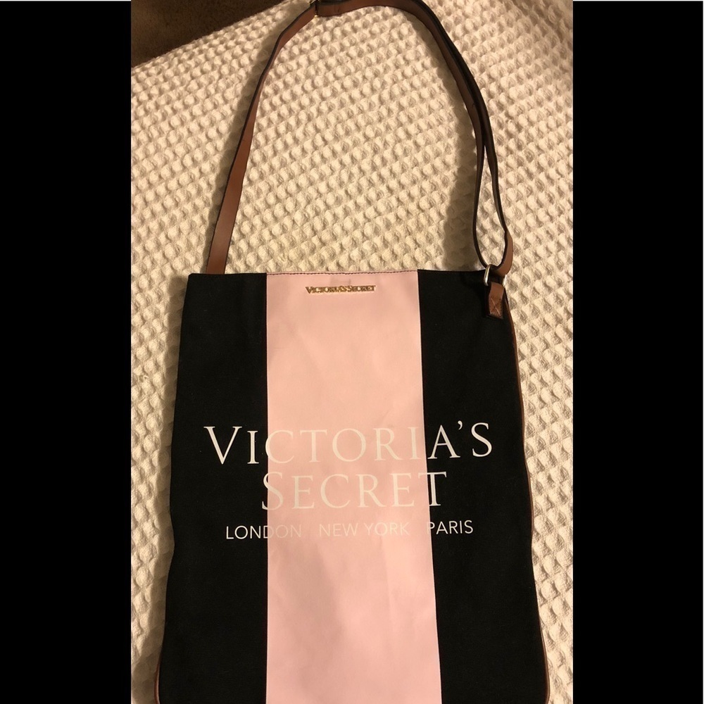 Victoria’s Secret Canvas Leather Color Block Tote Bag Shopper Pink Black Logo